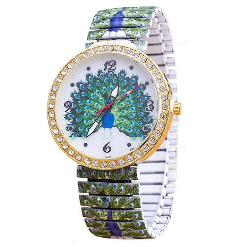 Peacock Patterned Rhinestone Dial Watch