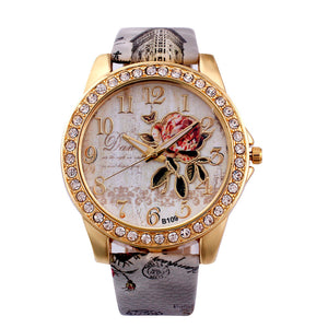 Rose Patterned Rhinestone Watch