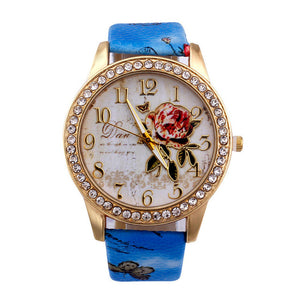 Rose Patterned Rhinestone Watch