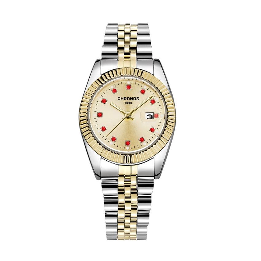 Waterproof Rhinestone Calendar Two Tone Watch